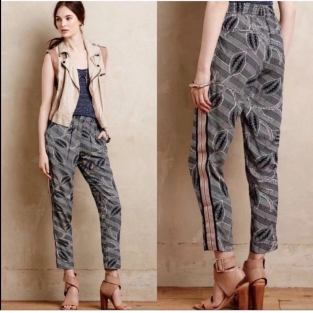 Anthro Hei Hei Printed Jogger Pants M Navy Leaf Print Side Stripe NWT